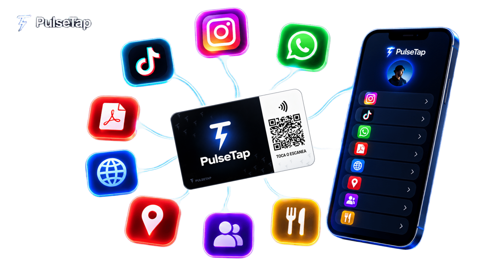 Render del producto: una tarjeta NFC de PulseTap conectada con la landing en el teléfono y con sus canales: Instagram, TikTok, WhatsApp, PDF, sitio web, ubicación, contacto y menú.