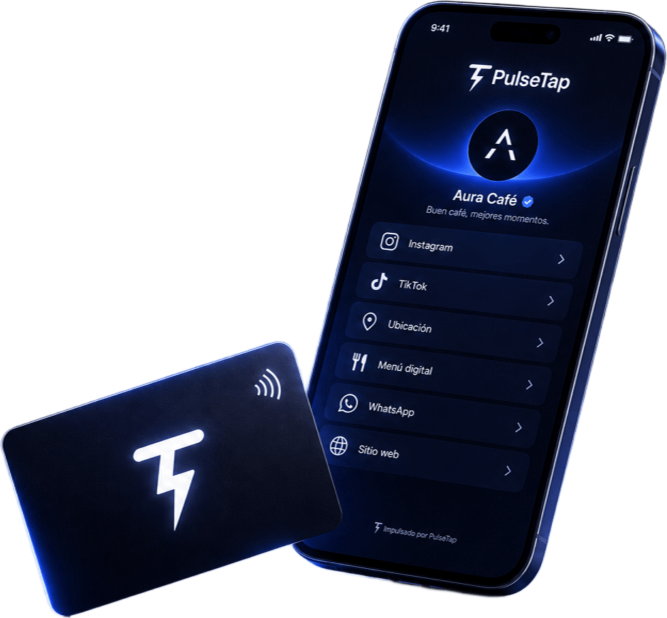 Tarjeta NFC de PulseTap junto a un teléfono que muestra la landing del negocio con sus enlaces.